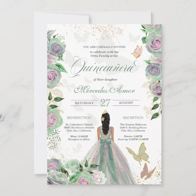 Mint Grönt & Lavender Ro Butterfly Quinceanera Inbjudningar (Framsida)