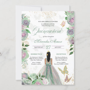 Mint Grönt & Lavender Ro Butterfly Quinceanera Inbjudningar