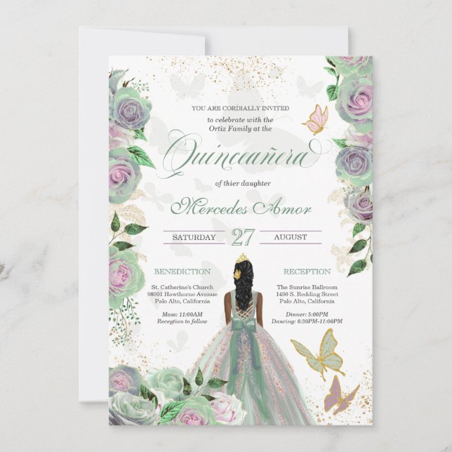 Mint Grönt & Lavender Ro Butterfly Quinceanera Inbjudningar (Framsida)
