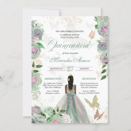 Mint Grönt & Lavender Ro Butterfly Quinceanera Inbjudningar