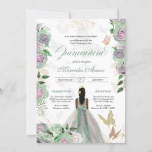 Mint Grönt & Lavender Ro Butterfly Quinceanera Inbjudningar