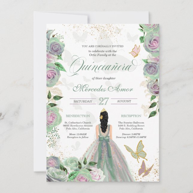 Mint Grönt & Lavender Ro Butterfly Quinceanera Inbjudningar (Framsida)