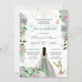 Mint Grönt & Lavender Ro Butterfly Quinceanera Inbjudningar