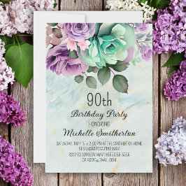 Mint Grönt Lila Blommigt Butterfly 90:e födelsedag Inbjudningar