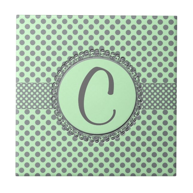 Mint-Grönt med Grått Polka dots-Monogram STaylor Kakelplatta (Framsidan)