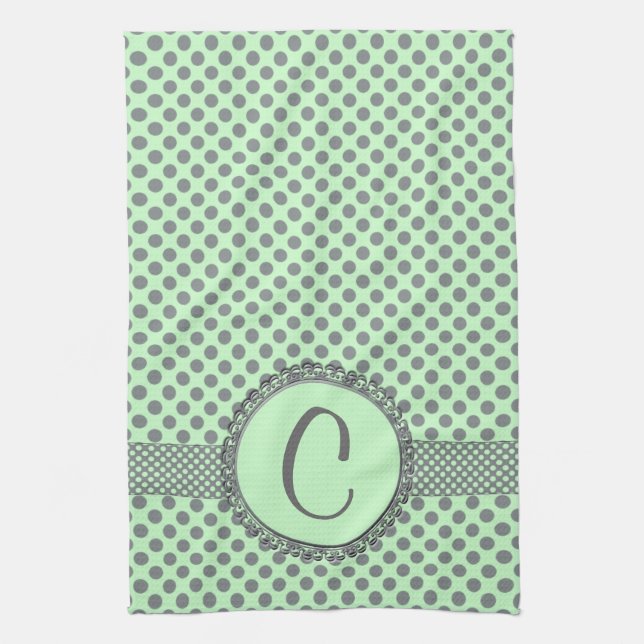 Mint-Grönt med Grått Polka dots-Monogram STaylor Kökshandduk (Vertikal)