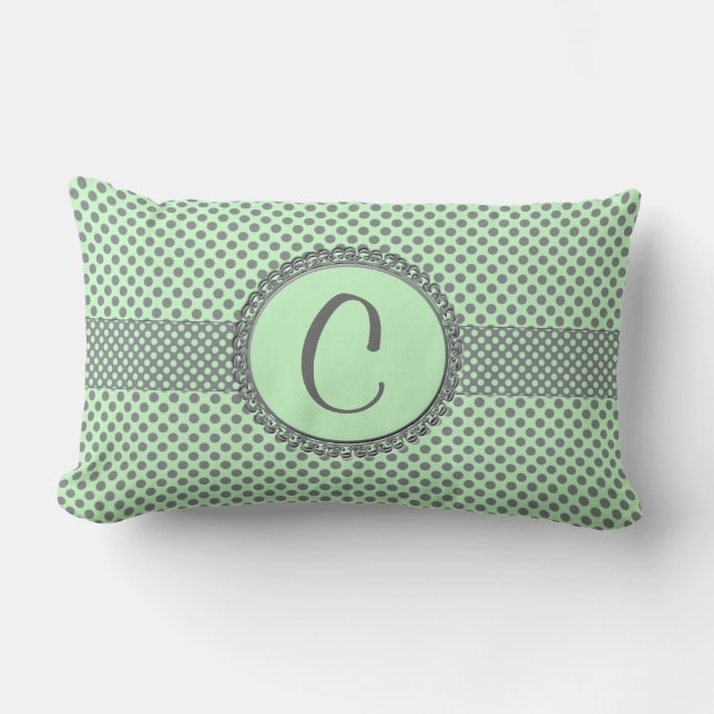 Mint-Grönt med Grått Polka dots-Monogram STaylor Lumbarkudde (Framsida)