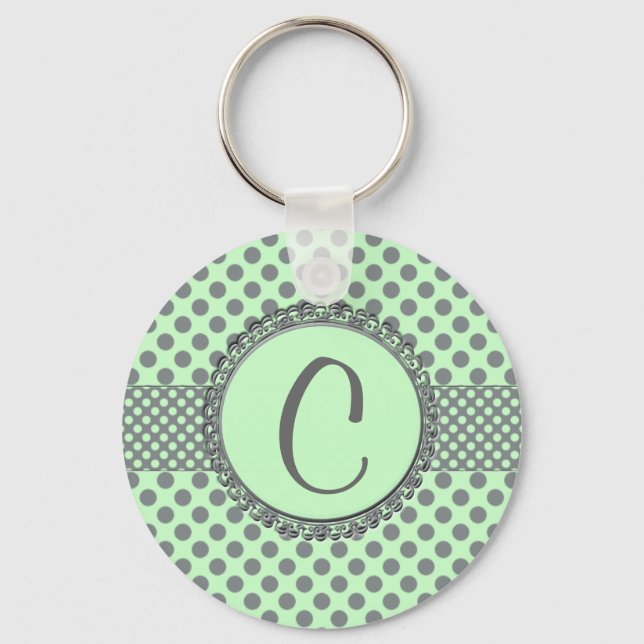 Mint-Grönt med Grått Polka dots-Monogram STaylor Nyckelring (Framsida)