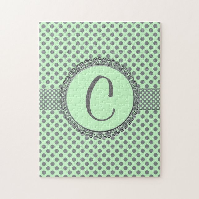 Mint-Grönt med Grått Polka dots-Monogram STaylor Pussel (Vertikal)