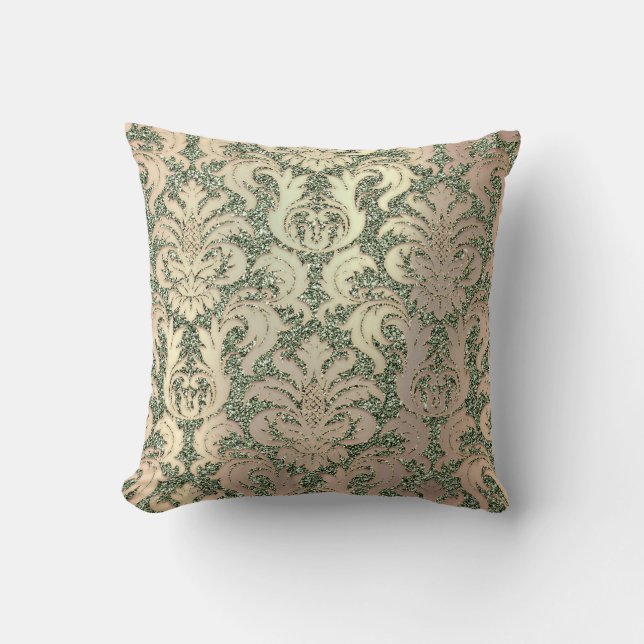 Mint Grönt Metall Damask Ro Salmon Pearl Glitter Kudde (Framsida)