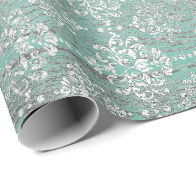 Mint Grönt Metallic Damask Silver Grått Wood Rusti Presentpapper (Rullad Hörn)
