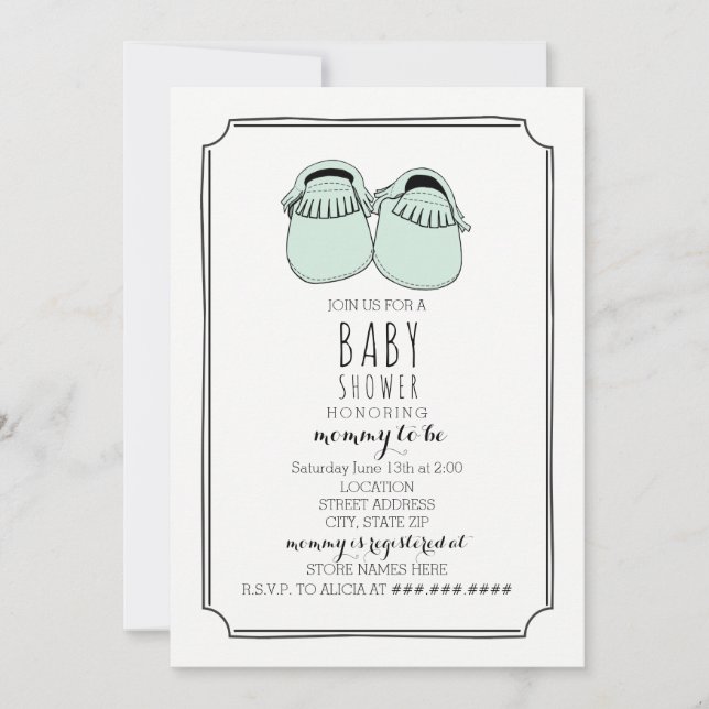 Mint Grönt Moccasins Boho Baby Shower Inbjudningar (Framsida)