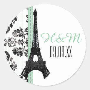 MINT GRÖNT Monogrammed Damask Eiffel Torn Bröllop Runt Klistermärke