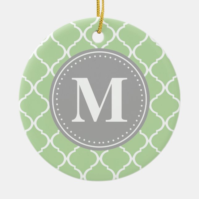 Mint Grönt Moroccan Lattice Grått Monogram Julgransprydnad Keramik (Framsidan)