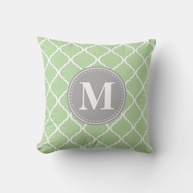 Mint Grönt Moroccan Lattice Grått Monogram Kudde (Framsida)