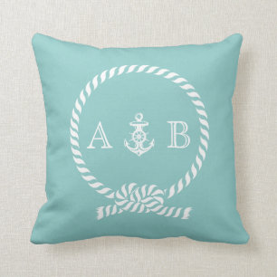 Mint Grönt Nautical Rope och Anchor Monogram Kudde