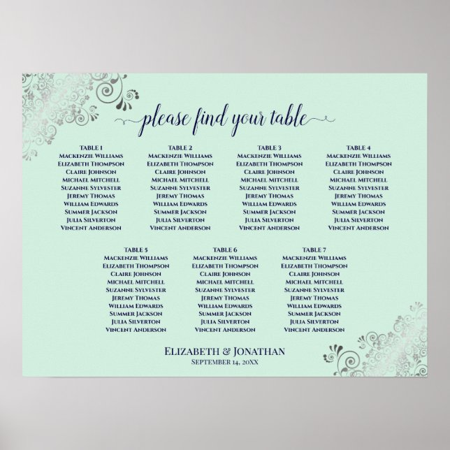 Mint Grönt & Navy 7 Bord Bröllop Sittdiagram Poster (Framsidan)