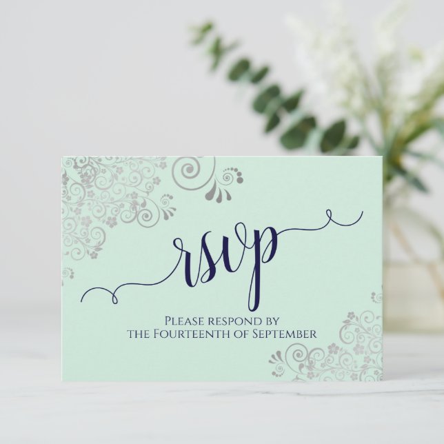 Mint Grönt & Navy Blue Elegant Calligraphy Bröllop OSA Kort (Stående Fram)