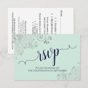 Mint Grönt & Navy Blue Elegant Calligraphy Bröllop OSA Kort