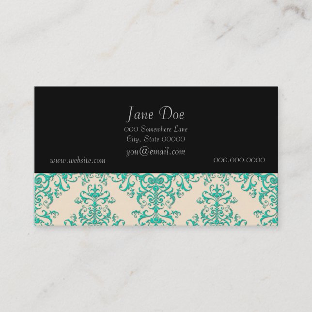 Mint Grönt och Benvit Damask Stil Mönster Visitkort (Framsida)