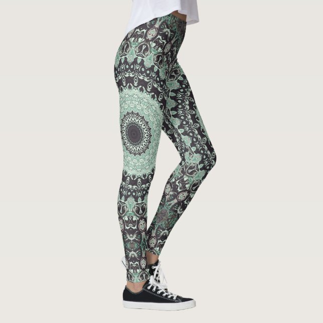 Mint Grönt och Charcol Mandala Mönster Leggings (Höger)