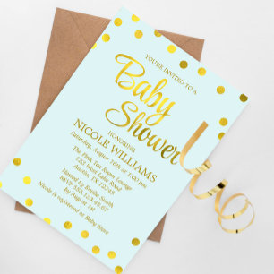 Mint Grönt och Faux Guld Confetti Dots Baby Shower Inbjudningar