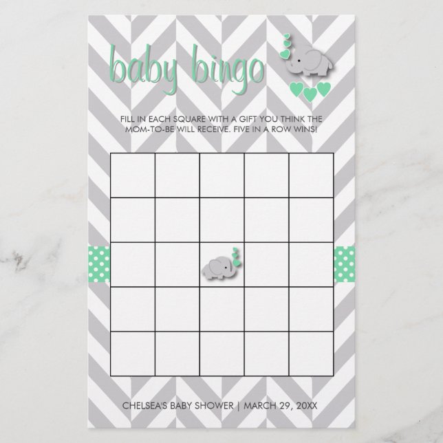 Mint Grönt och Grått Elephant Baby Shower Bingo Brevpapper (Framsida)