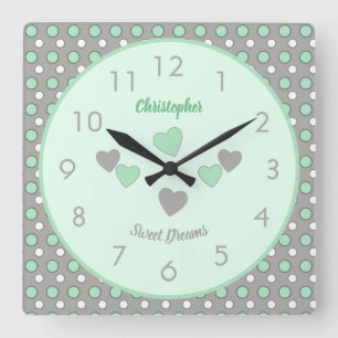Mint-grönt och grått med polka dots och namn fyrkantig klocka