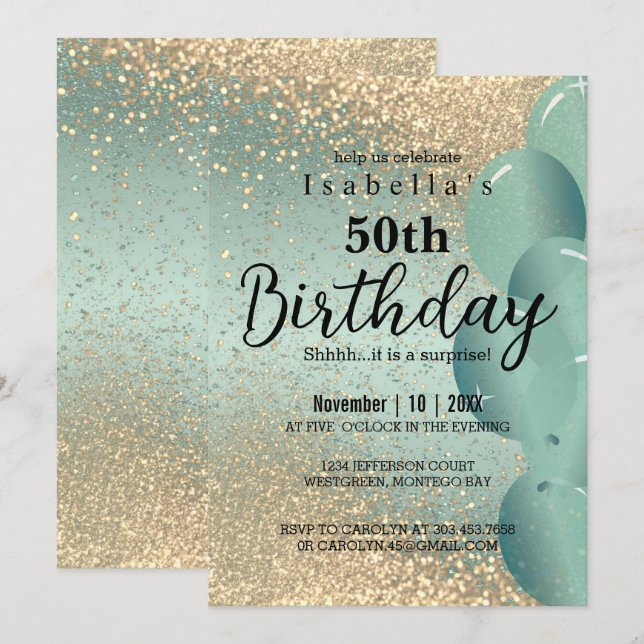Mint Grönt och Guld Glitter födelsedag Inbjudningar (Fram/baksida)