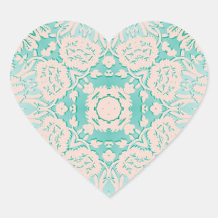 Mint Grönt och Ivory Embossed Damask Pattern Hjärtformat Klistermärke
