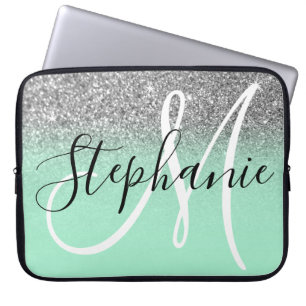 Mint Grönt och Silver Glitter Monogram Laptop Fodral
