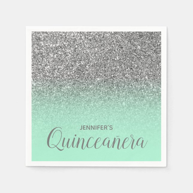 Mint Grönt och Silver Glitter Ombre Quinceanera Pappersservett (Framsidan)