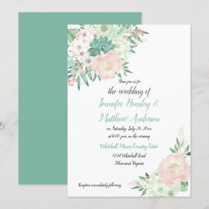 Mint Grönt och Watercolor Blommigt Bröllop Inbjudningar