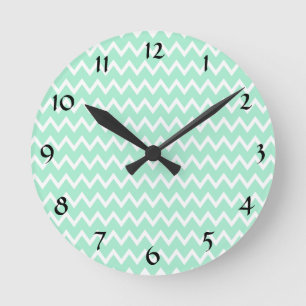 Mint Grönt och White Chevron Mönster Rund Klocka