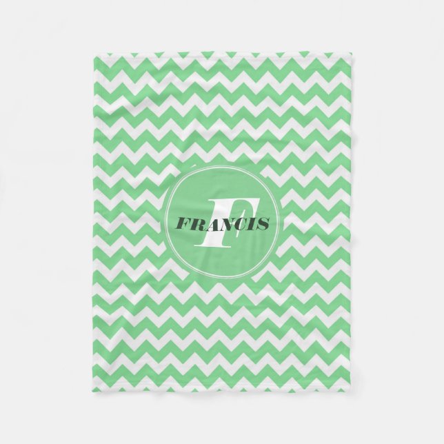 Mint-Grönt och White Monogram Chevron Mönster Fleecefilt (Framsidan)