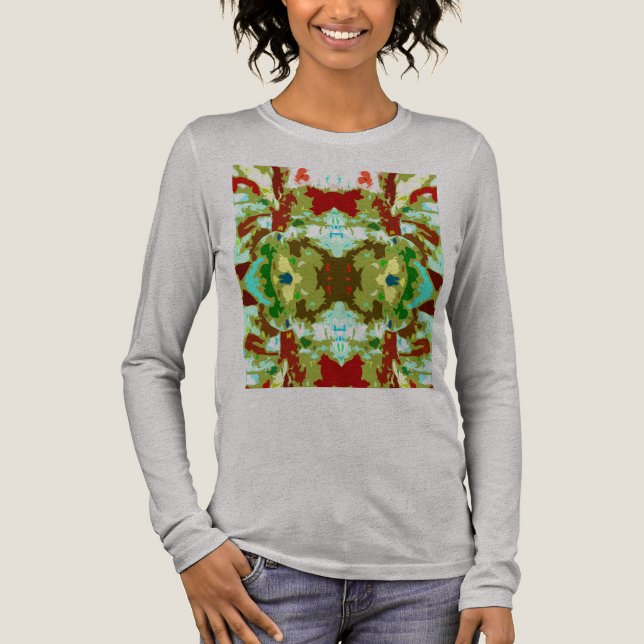 Mint Grönt Olive Red Abstrakt Symmetrical Flower T Shirt (Framsida)