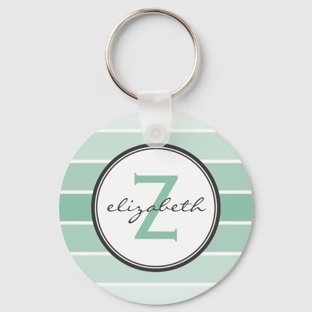 Mint Grönt Ombre Rand med Grått Monogram Nyckelring (Framsida)