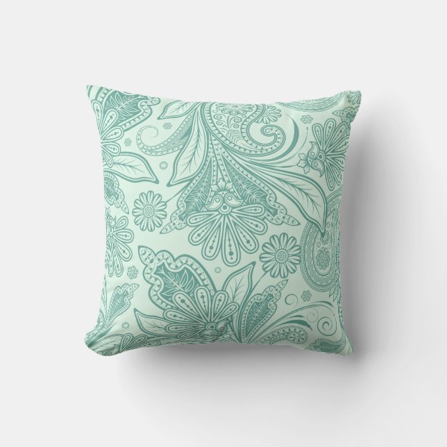 Mint Grönt Ornate Ethnic Blommigt Paisley Kudde (Framsida)