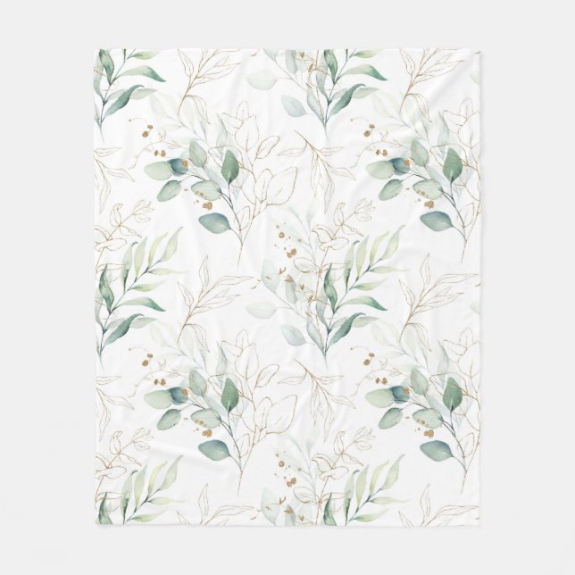 Mint Grönt Pastel Blommigt Greenery Mönster Fleecefilt (Framsidan)