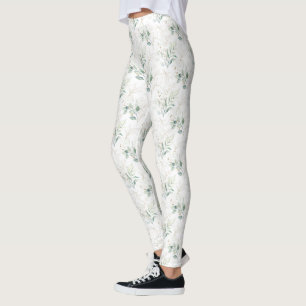 Mint Grönt Pastel Blommigt Greenery Mönster Leggings