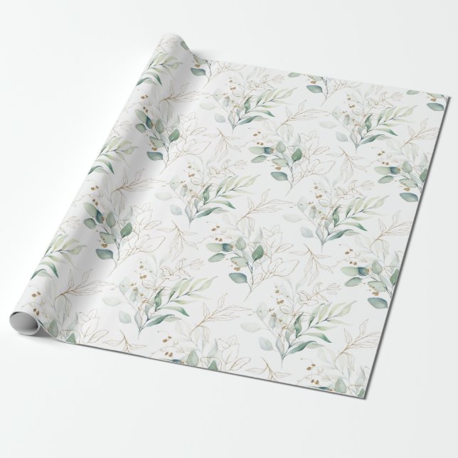 Mint Grönt Pastel Blommigt Greenery Mönster Presentpapper (Utrullad)