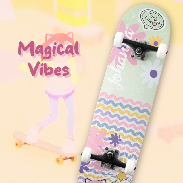 Mint Grönt Pastel Blommigt Stripe Girly Cat Magic Mini Skateboard Bräda 18,5 Cm (Mint Green Pastel Floral Striped Girly Cat Magical Skateboard ©Susanne Sachers - Sunny Wanderlust 🌞)