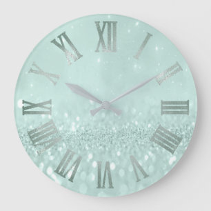 Mint Grönt Pastel Glitter Grått Metall Roman Num Stor Klocka