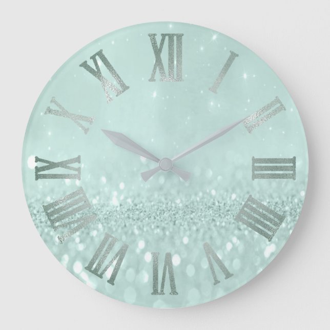 Mint Grönt Pastel Glitter Grått Metall Roman Numme Stor Klocka (Framsida)
