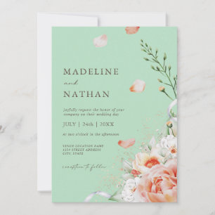 Mint Grönt & Peach Blommigt bröllop - inbjudan