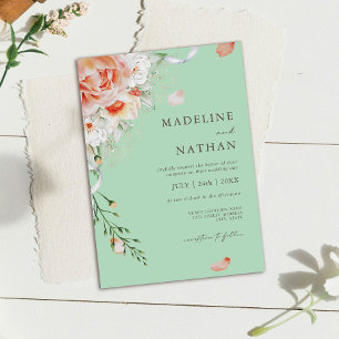 Mint Grönt & Peach Blommigt bröllop - inbjudan