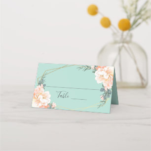 Mint Grönt Peach Blommigt Guld Geometric Bröllop Placeringskort