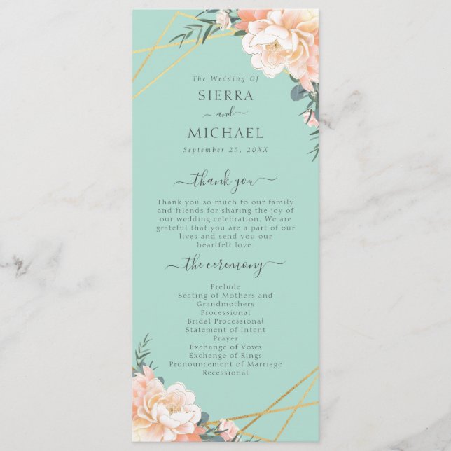 Mint Grönt Peach Cream Guld Geometric Bröllop Program (Framsida)