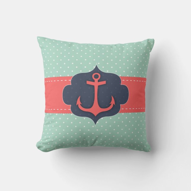 Mint Grönt Polka Dot Coral Rosa Anchor Kudde (Framsida)
