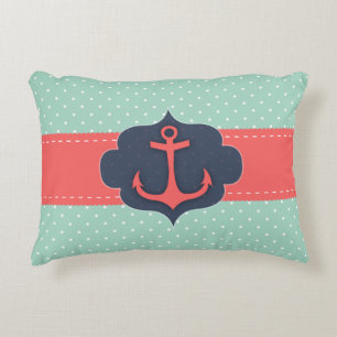 Mint Grönt Polka Dot Coral Rosa Anchor Prydnadskudde